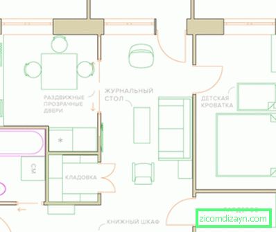 Le plan de l'appartement avec le transfert de la cloison et l'augmentation de la superficie de la cuisine due au salon et au couloir